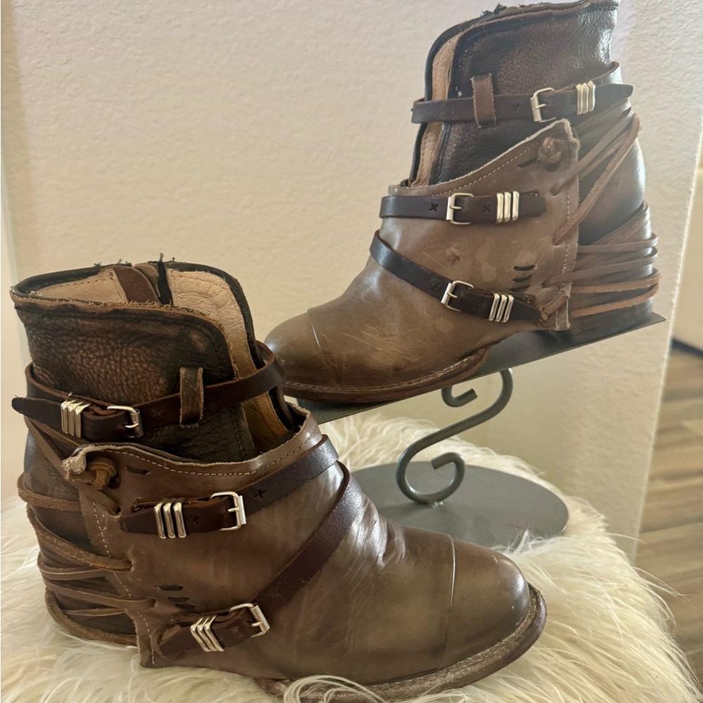 freebird Brown Leather Ankle Boots with Buckle Strap Details